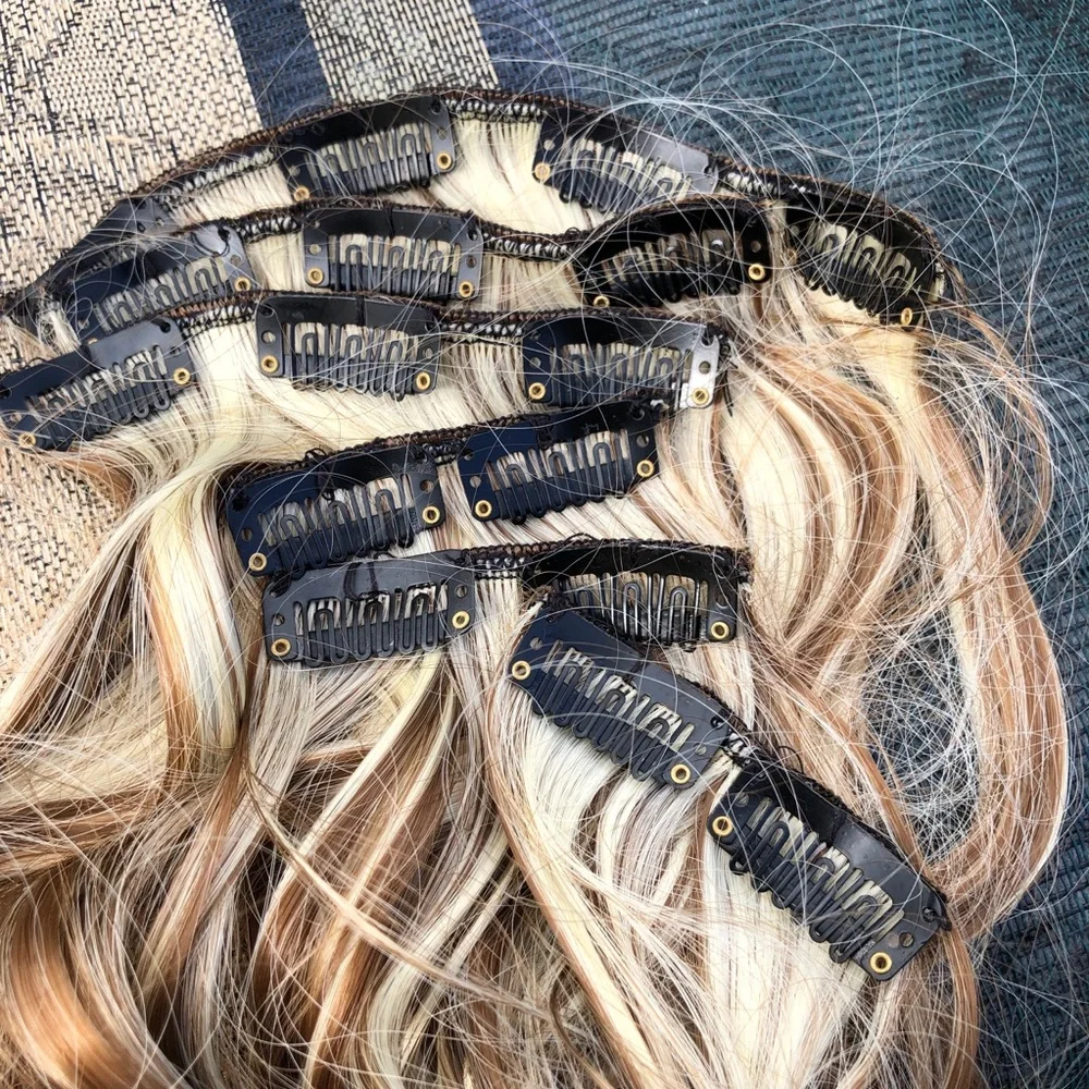 6 pc Human Hair Blonde Balayage Long Wavy Hair Extensions Clip Ins 22”